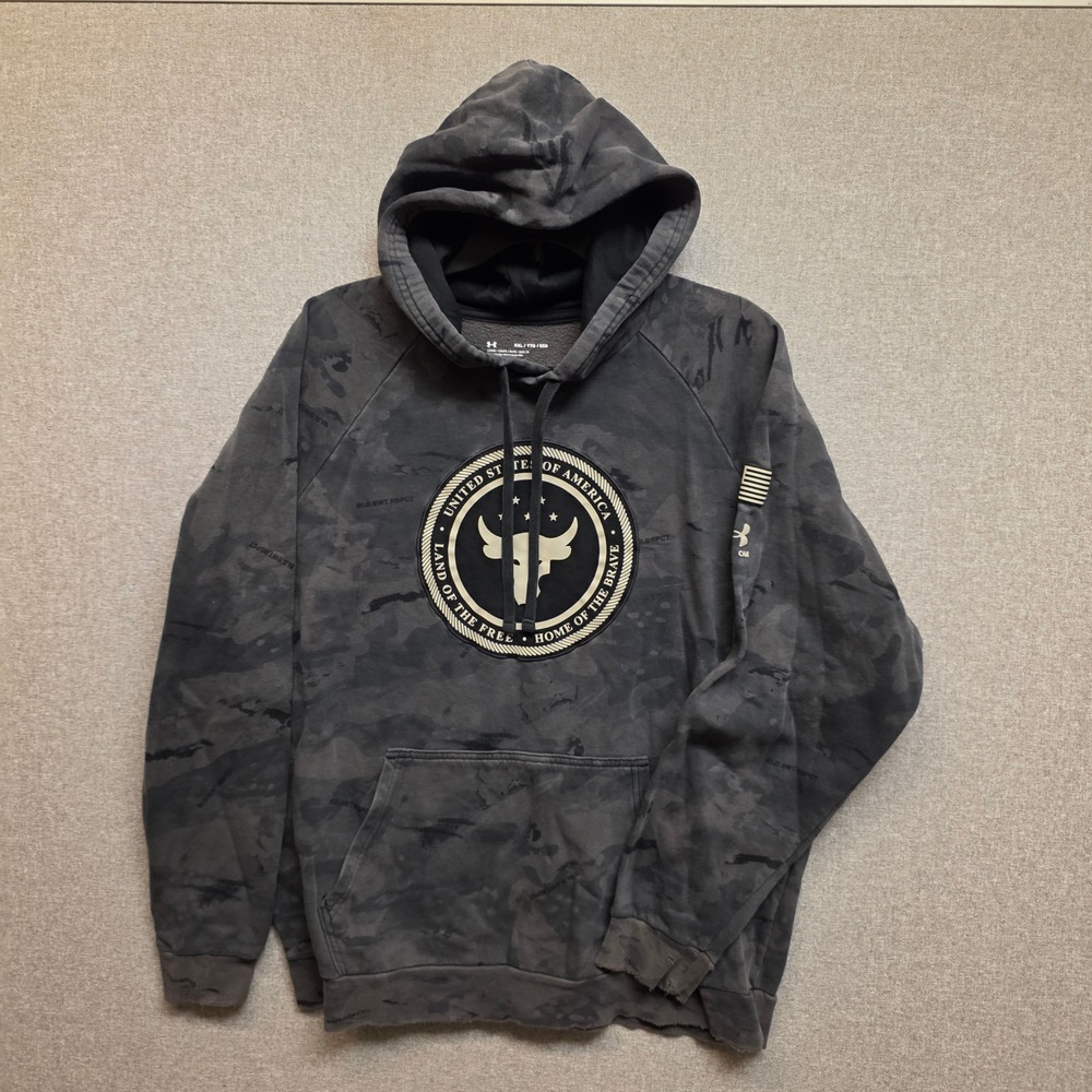 Under Armour Project Rock Camo Streetwear Hoodie Blood Sweat Respect Gray XXL